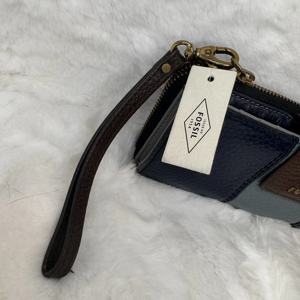 Fossil Navy Brown & Blue Leather Wallet Gold Wristlet Strap ~ Gray Lined  NEW